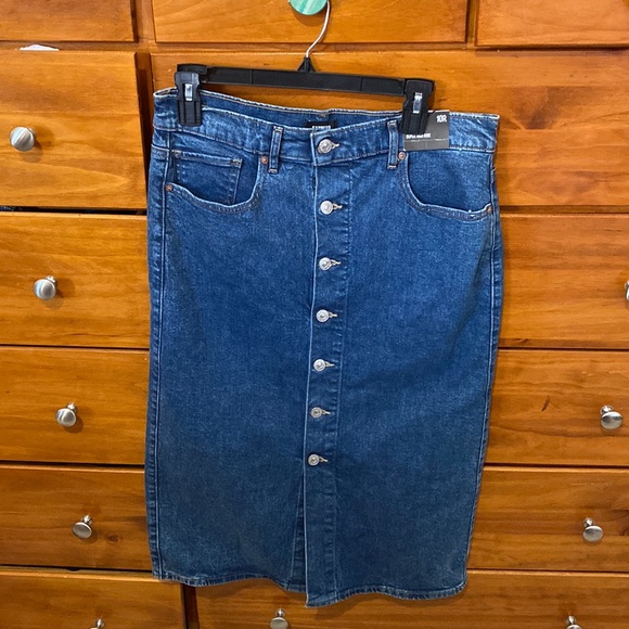 Express Super High Waisted Button Front Denim Midi Skirt - Picture 2 of 5